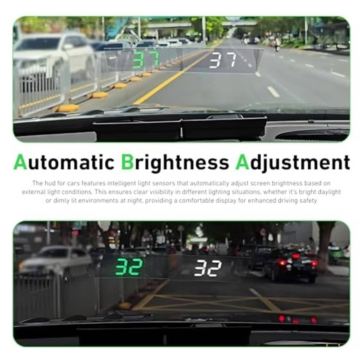 HUD projection on windshield showing green digital speed readout