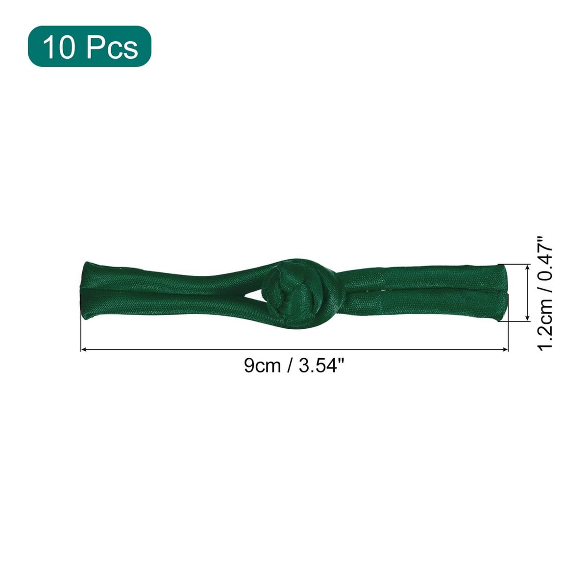 Dark green frog button closure with centered knot, rectangular fabric ends