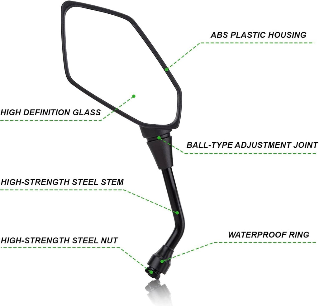 Rear-view mirror with ABS housing, adjustable ball joint, and steel stem