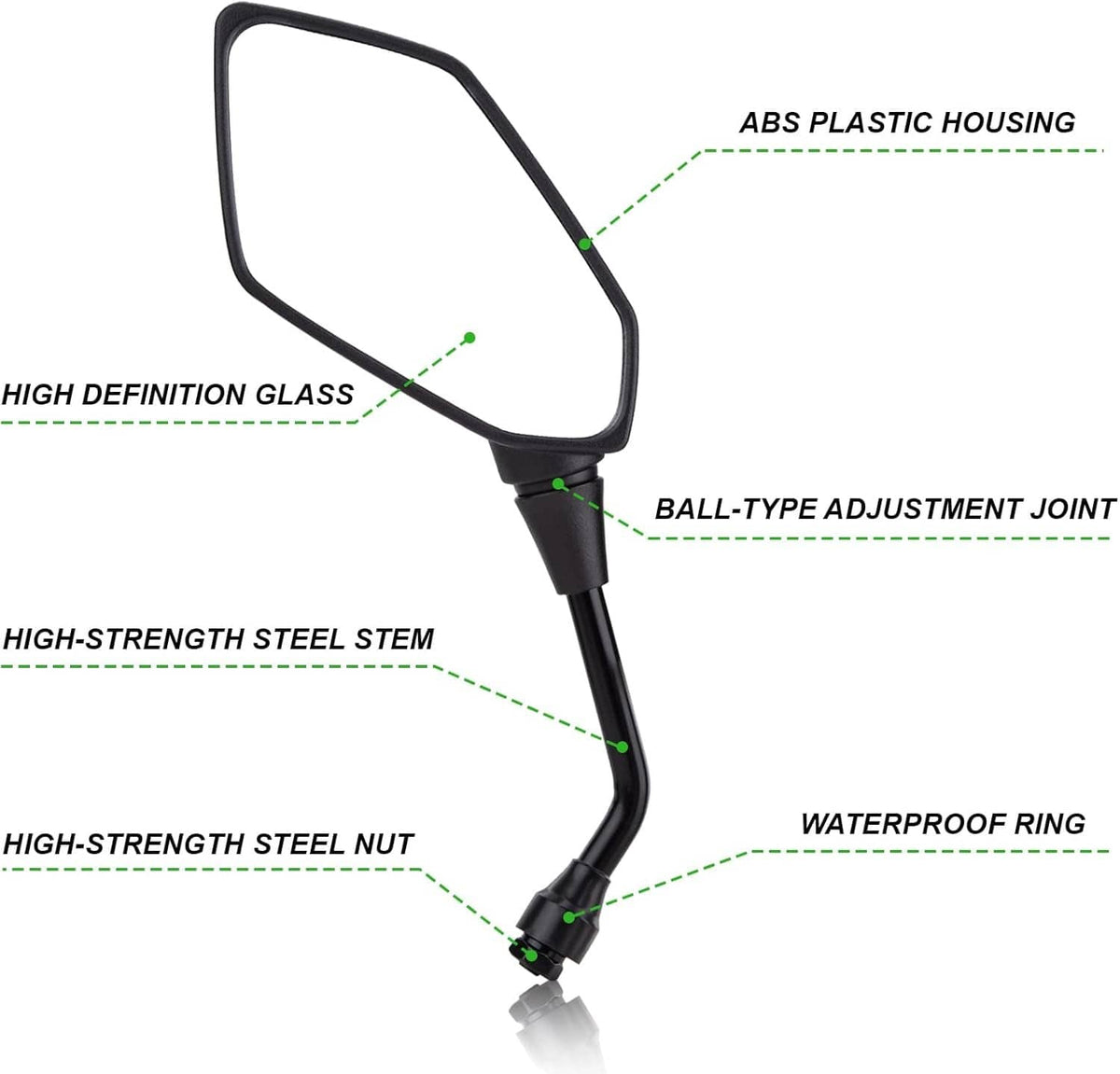 Rear-view mirror with ABS housing, adjustable ball joint, and steel stem