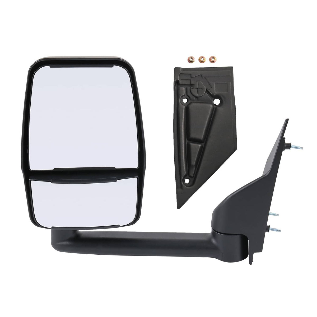 Black manual towing side mirror with mounting plate and clear lens
