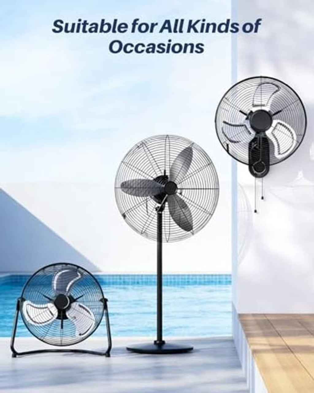 Floor-standing misting fan with circular grille and adjustable nozzle heads for outdoor cooling