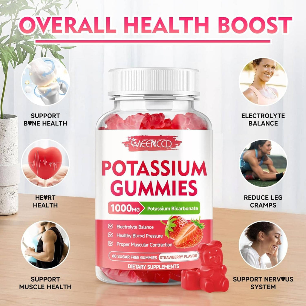 MEENCCD potassium gummies bottle with health icons on package and red bear-shaped gummies