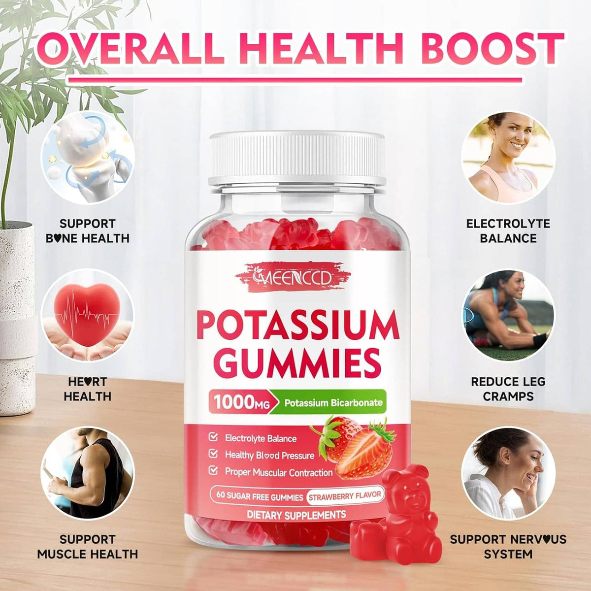 MEENCCD potassium gummies bottle with health icons on package and red bear-shaped gummies