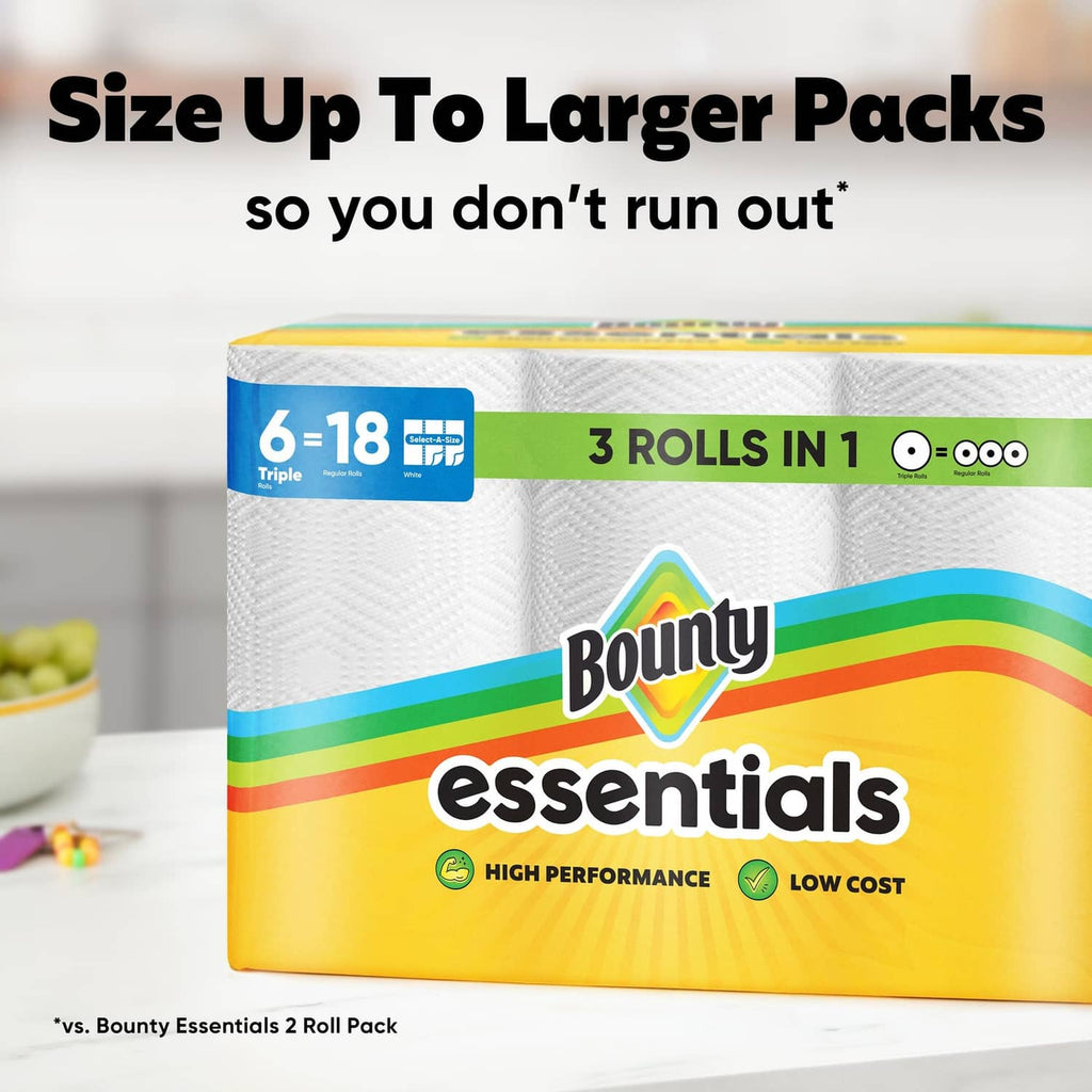 White paper towel multipack with Bounty essentials label and 6–18 size callout