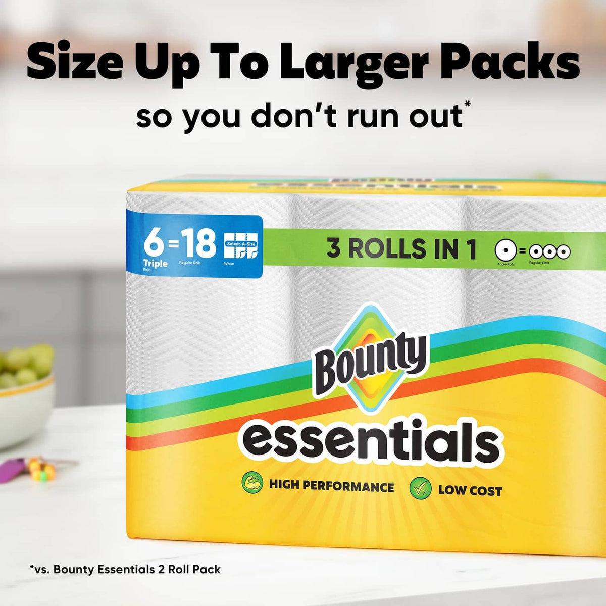 White paper towel multipack with Bounty essentials label and 6–18 size callout