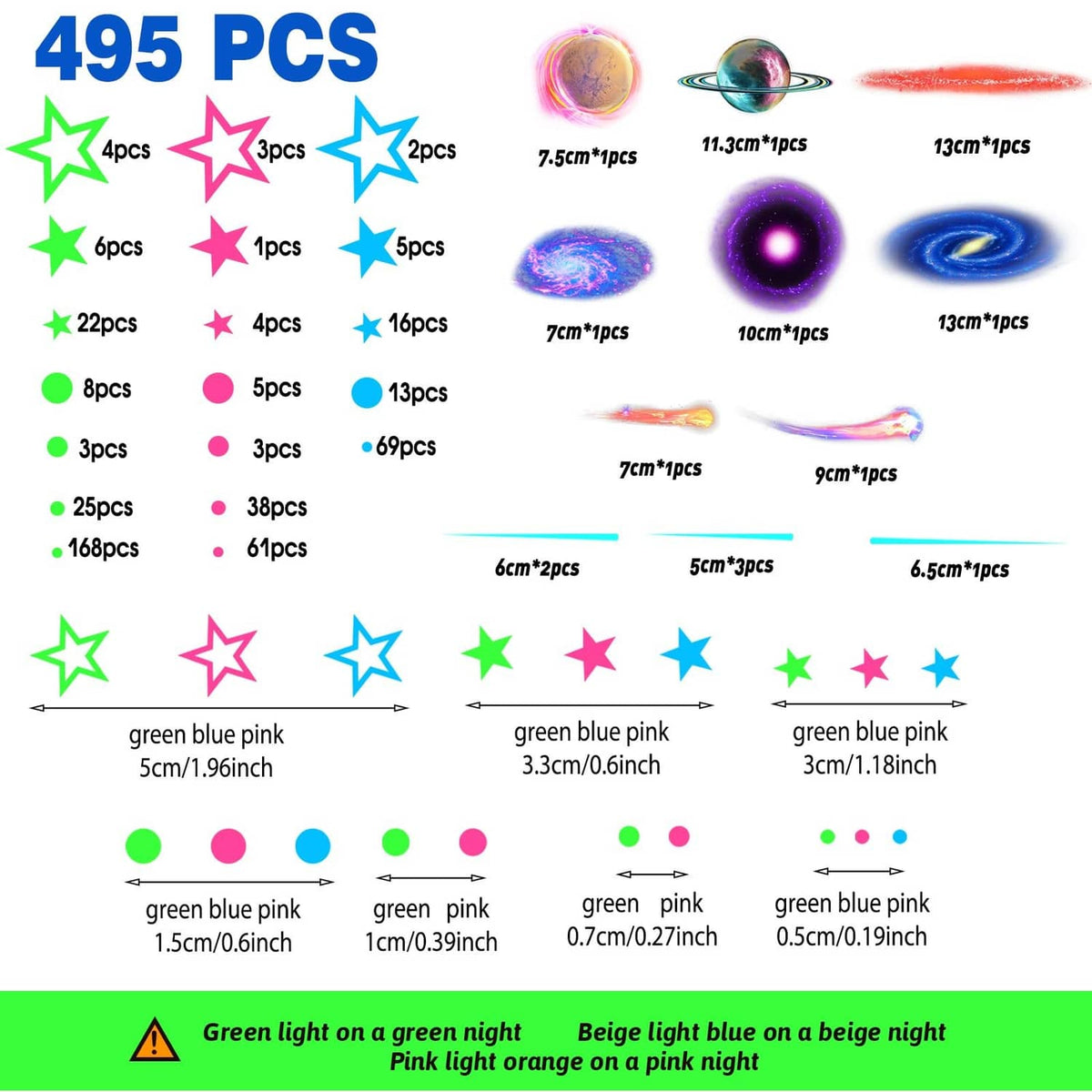495-piece glow space wall decal guide showing planets, stars, and sizes in multicolor
