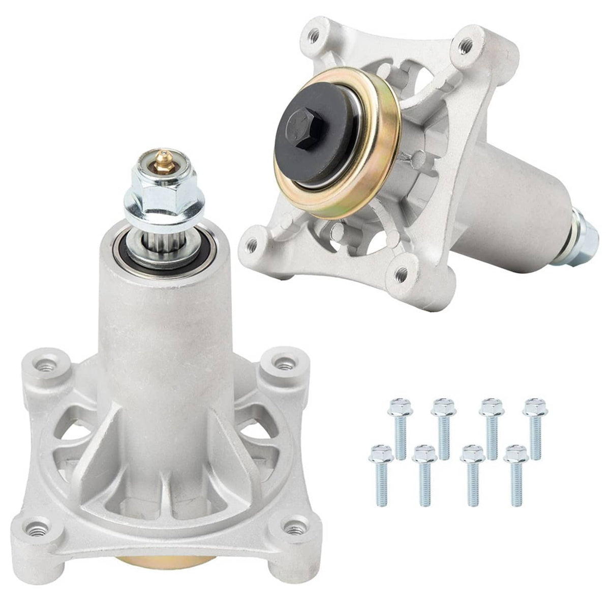 Spindle assembly for riding lawn mower deck, with bearing and mounting bracket, silver