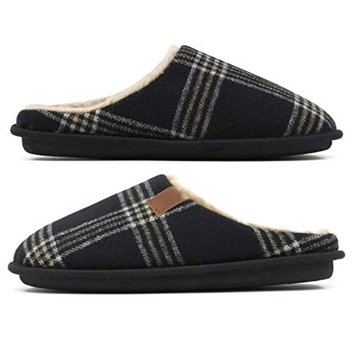 Men’s plaid slip-on scuff slippers with thick black sole and tan fleece collar