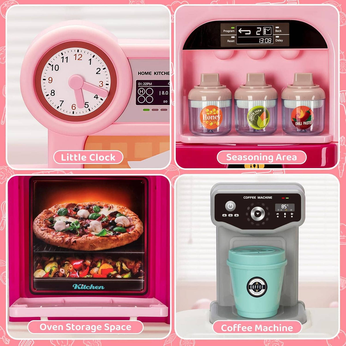 Kids kitchen playset front panel with clock, seasoning bottles, oven, and coffee machine