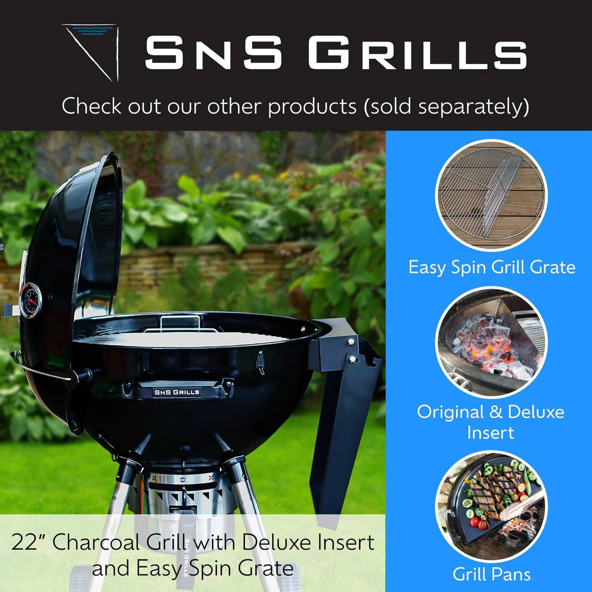 22-inch charcoal grill with deluxe insert and Easy Spin grate accessory