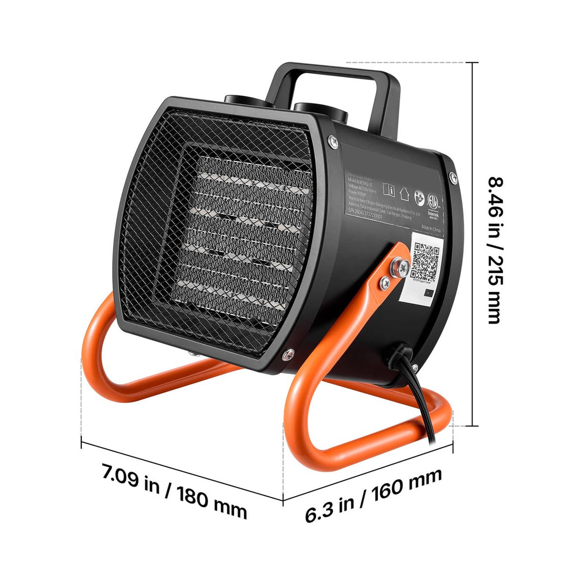 Electric greenhouse heater side view with black housing and orange reinforced handles