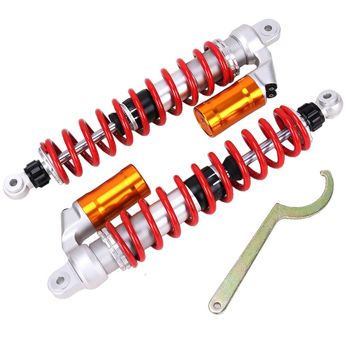 Pair of adjustable front shock absorbers, red coil springs, orange reservoirs, wrench