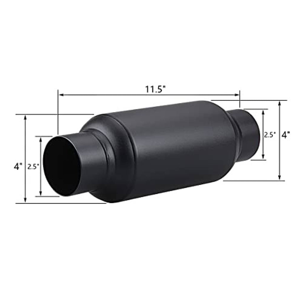 Black universal muffler/pipe filter, 11.5 in overall length with 2.5 in ports.