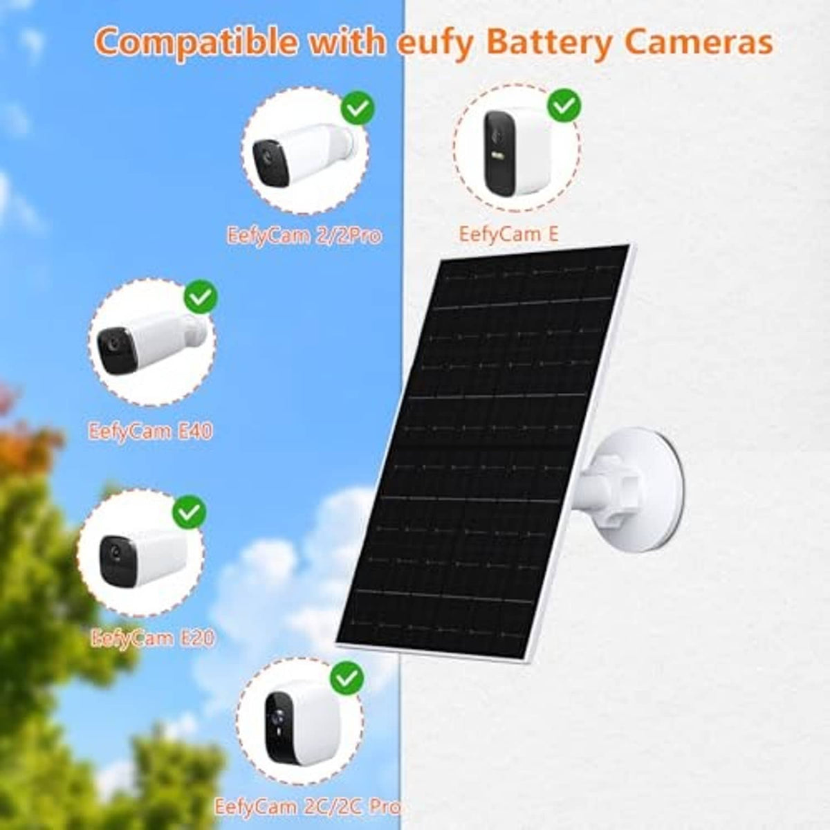 Black solar panel with white wall mount for security camera charging