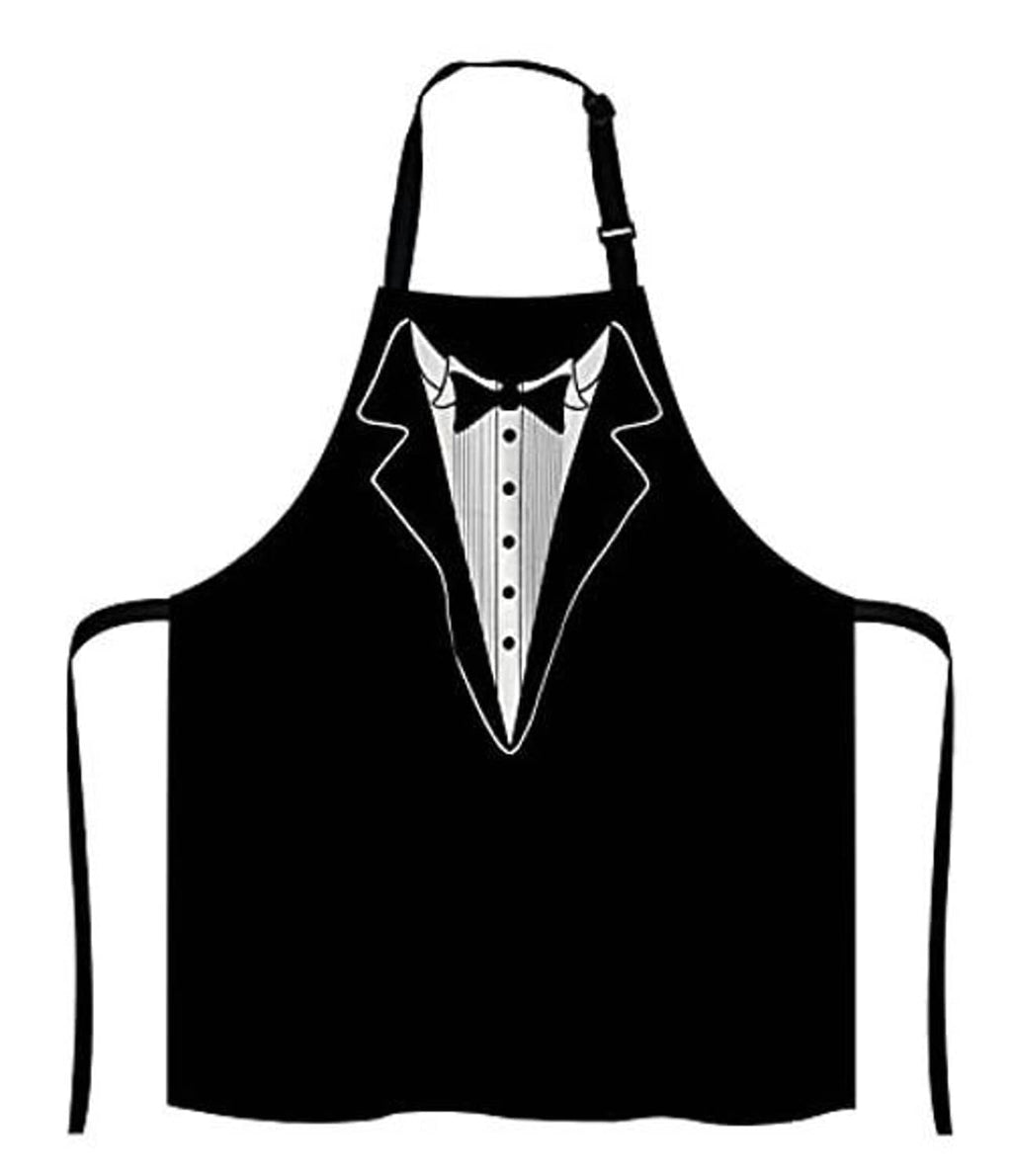 Black grilling apron with tuxedo suit front and bow tie graphic on the bib.