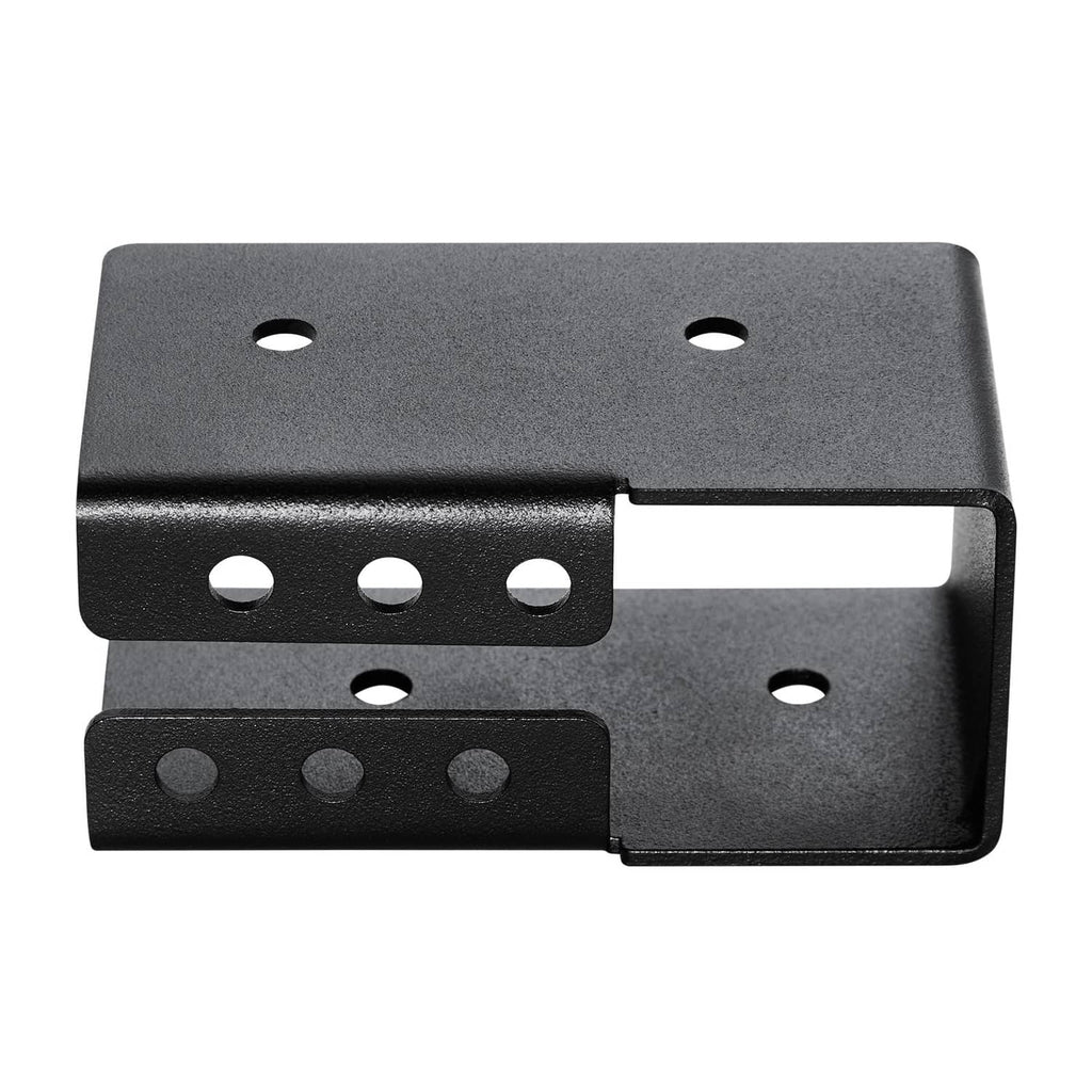 Black concealed joist hanger bracket with predrilled holes, interlocking design
