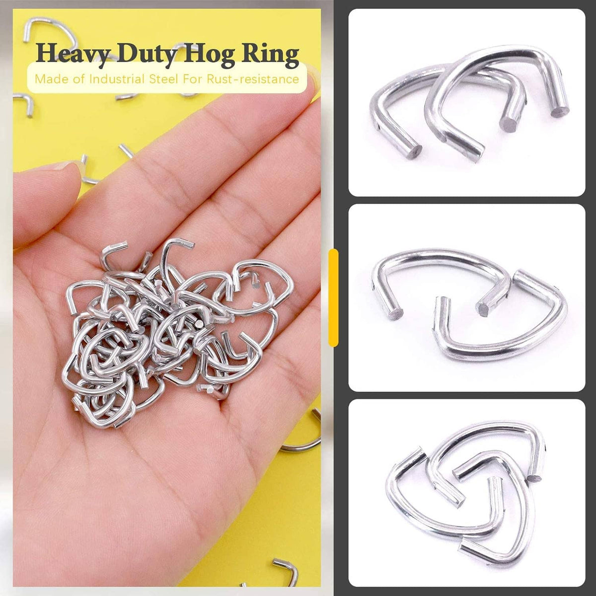 Galvanized hog rings held in hand, small shiny U-shaped metal clips