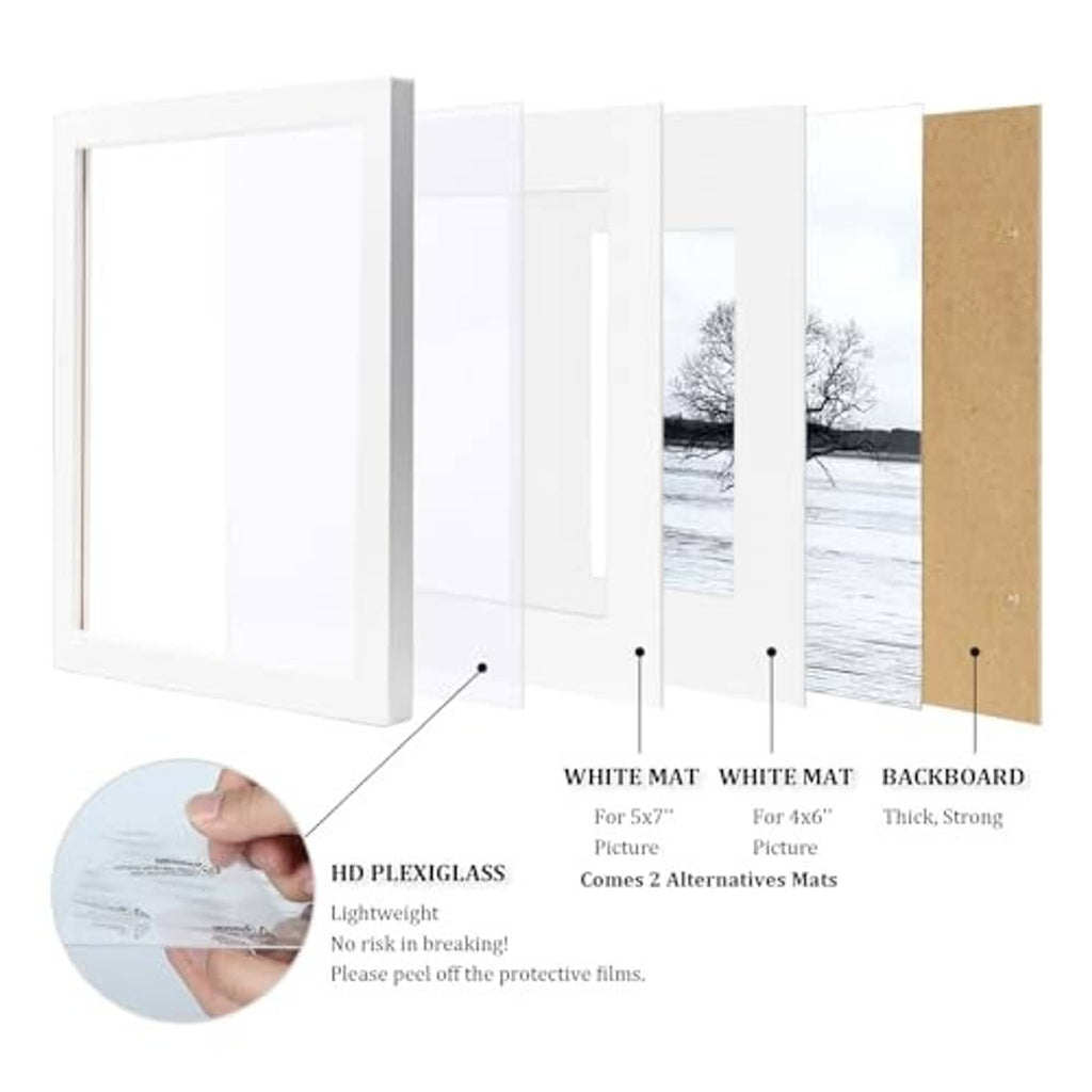 White picture frame set parts shown: plexiglass, white mat, backboard, and boards