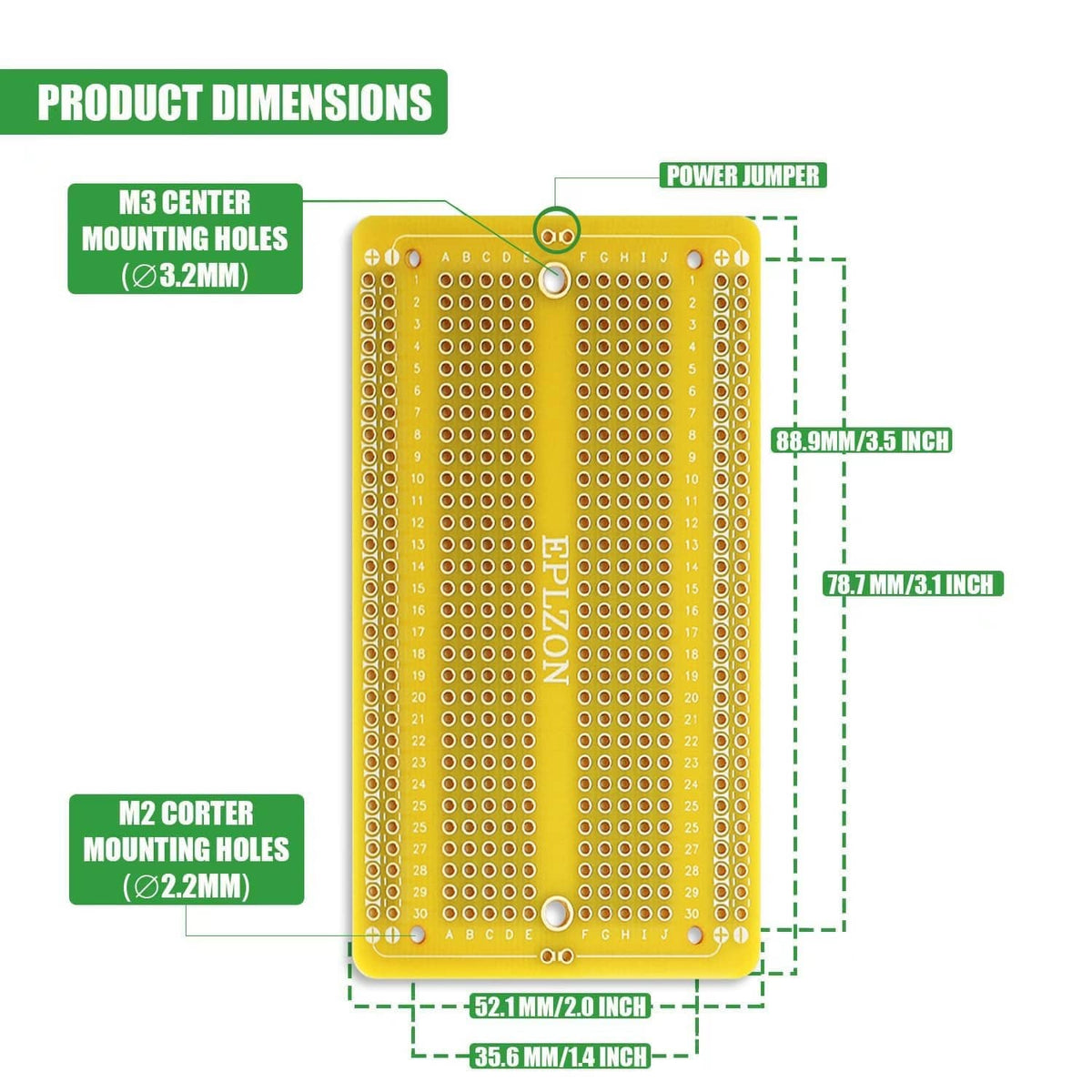 Solderable breadboard PCB board dimensions diagram with mounting hole labels