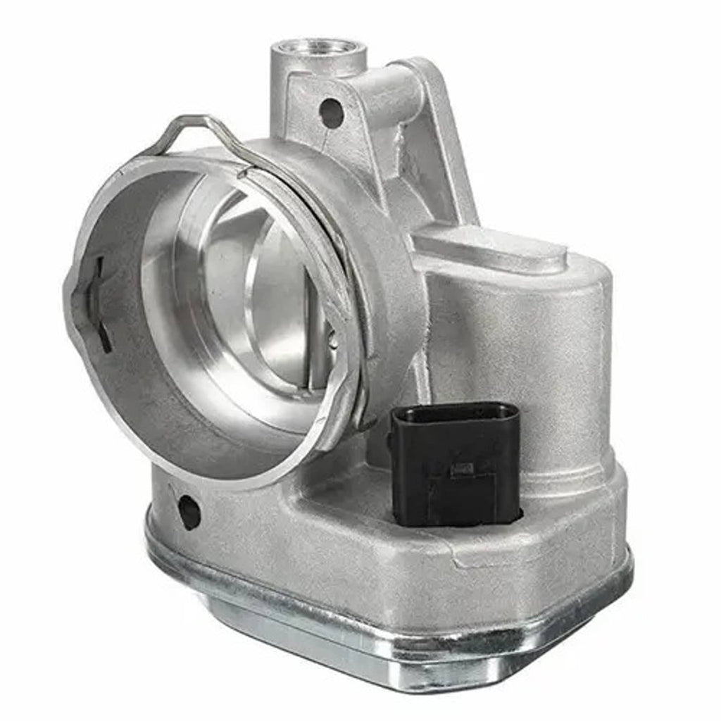 Silver throttle body with circular bore, mounting holes, and black sensor plug