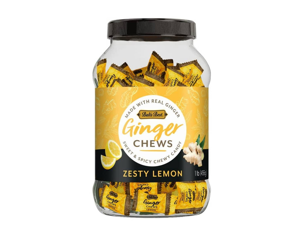 Zesty lemon ginger chews jar with yellow label and black screw lid