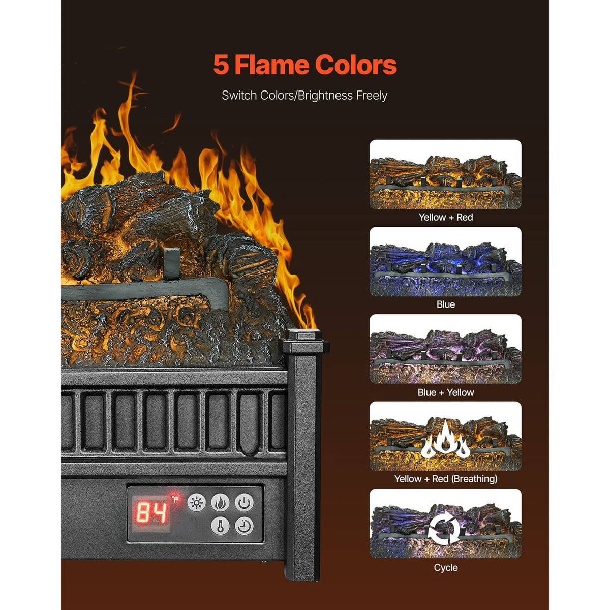 Electric log heater showing flame effect with control panel and textured log bed
