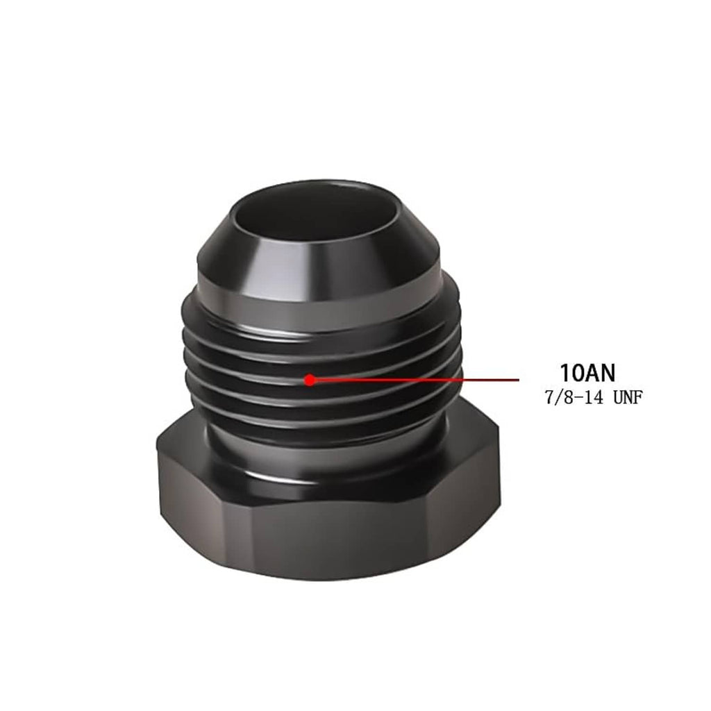 Black aluminum flare hex-head plug fitting adapter, 10AN 7/8-14 UN size marking