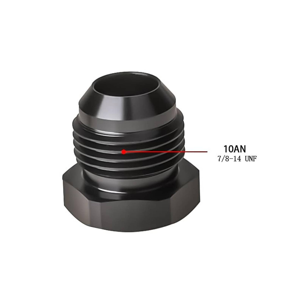 Black aluminum flare hex-head plug fitting adapter, 10AN 7/8-14 UN size marking