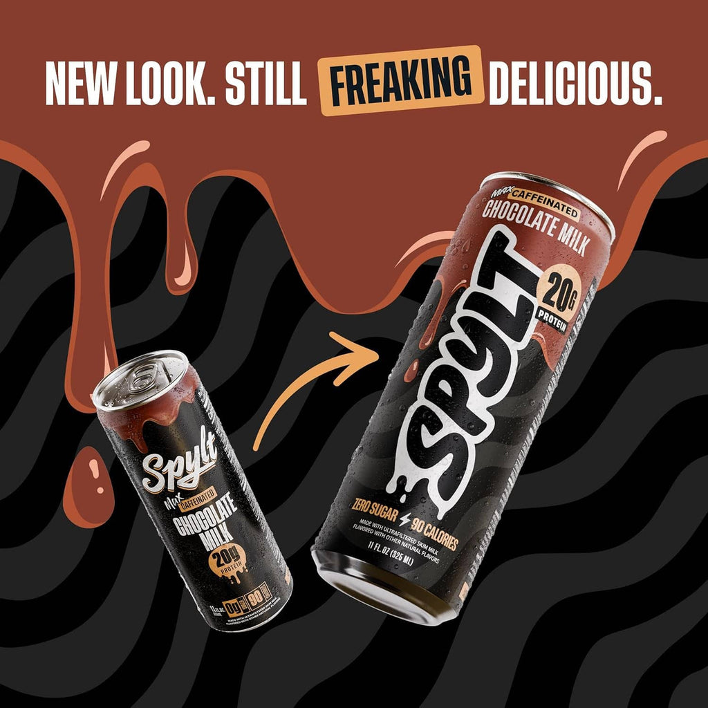 Two Spylt Max chocolate milk protein drink cans with 20g protein graphics
