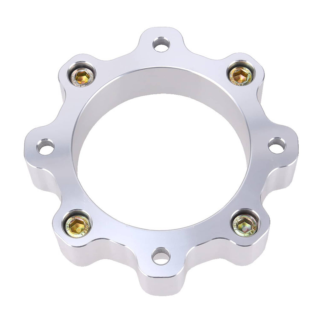 Silver front wheel spacer ring with gold mounting nuts and a central circular opening
