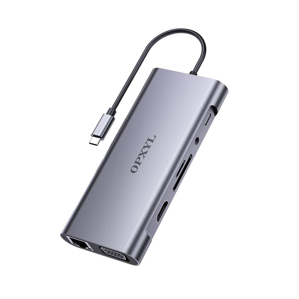 Grey slim USB-C hub adapter with multiple built-in ports and metal casing