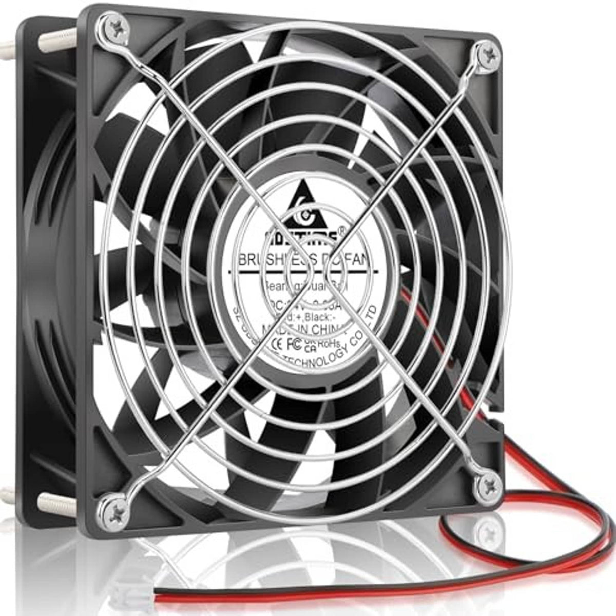 Square black 140mm fan with metal grill, dual blades, red power leads visible