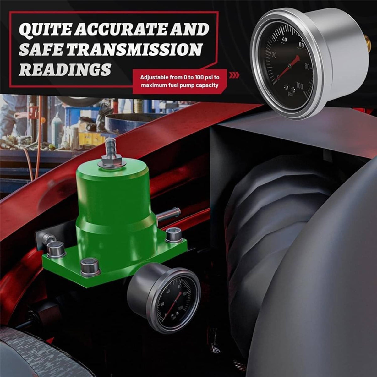 Green fuel pressure regulator with round gauge mounted for adjusting engine fuel pressure
