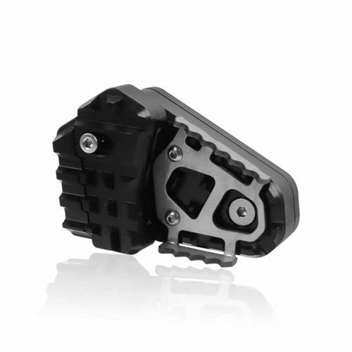 Black brake lever pedal extender with textured grip pad and two mounting bolts