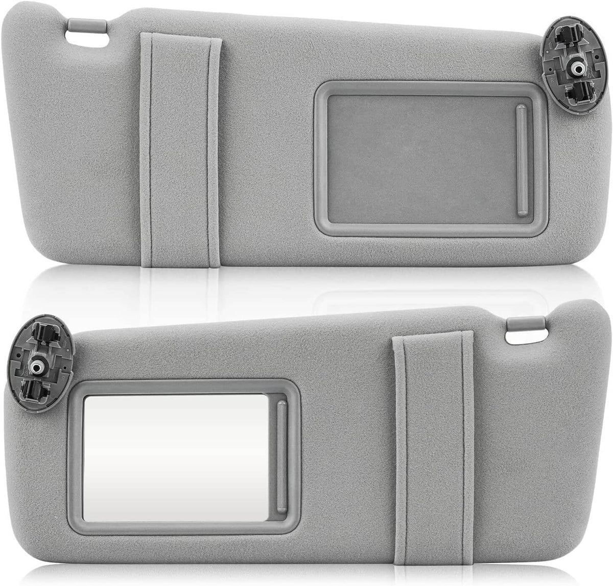 Gray car sun visors pair with mirror cutouts and mounting brackets, left and right