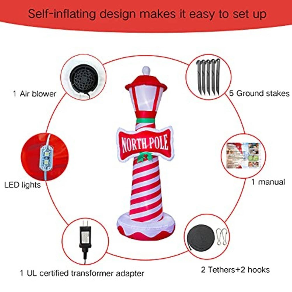 Inflatable lighthouse setup diagram showing air blower, ground stakes, LED lights, transformer