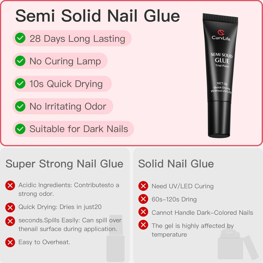 Black semi solid nail glue gel tube with 28-day long-lasting and 10s quick-dry icons