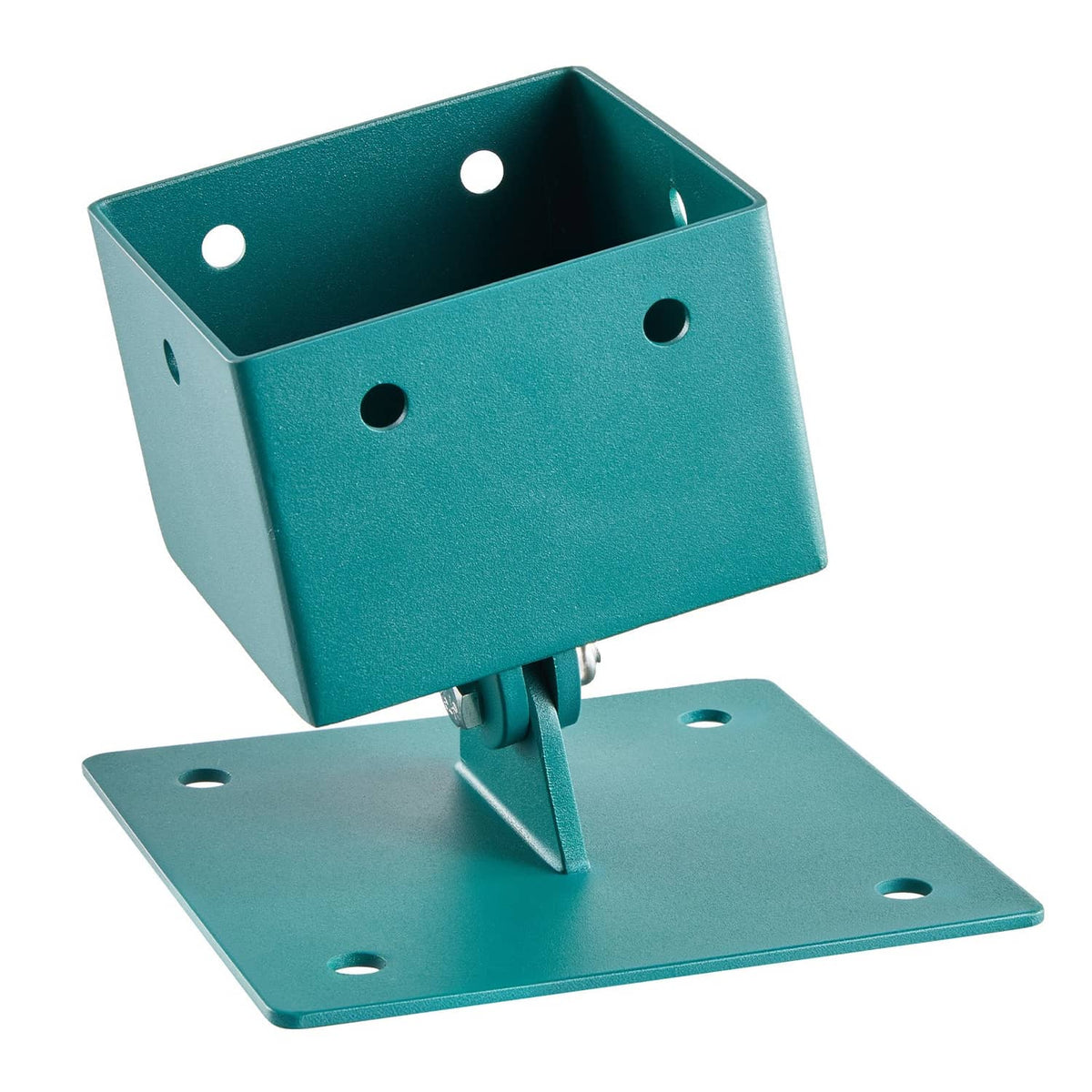 Teal swing set bracket base with open box mount and round pivot on flat mounting plate