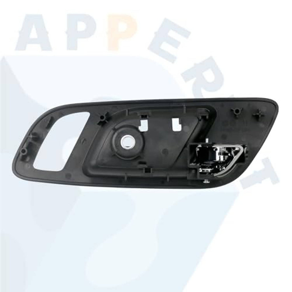 Black left interior door handle housing with mounting tabs and actuator