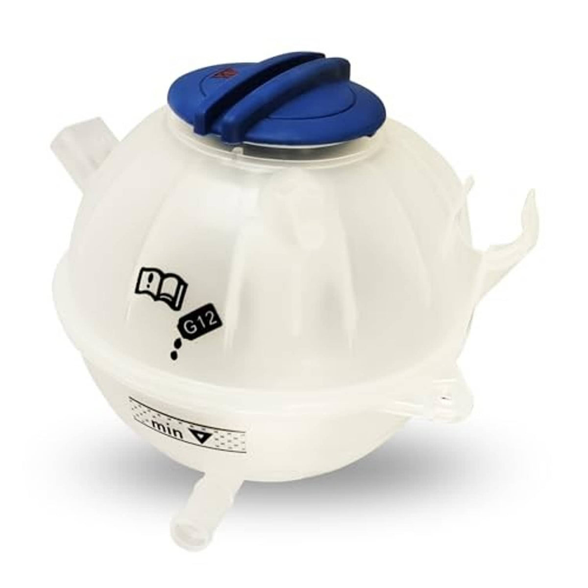 Coolant reservoir tank with blue twist cap and side outlet, white plastic