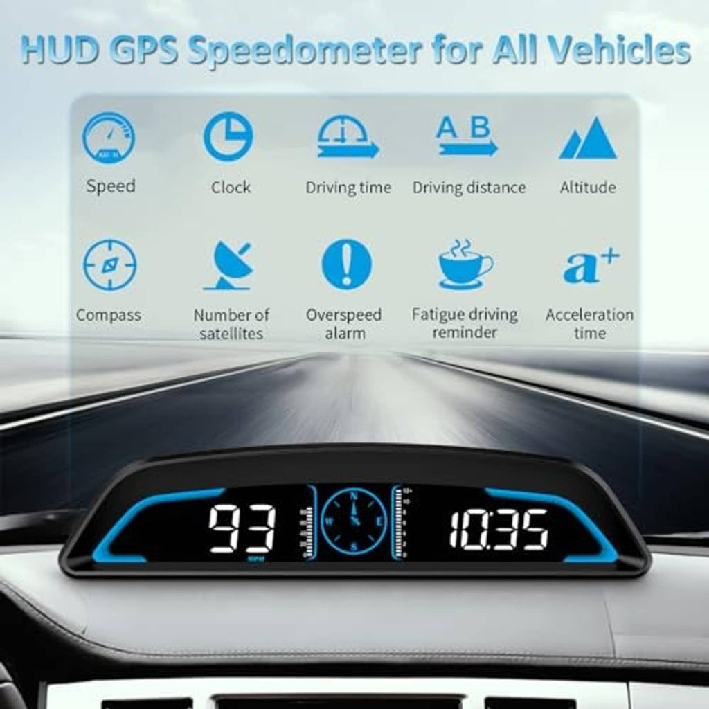Digital GPS speedometer HUD display on dashboard, black housing with blue accents and LCD digits