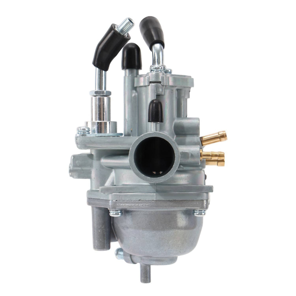 Carburetor with black intake hoses and front mounting ports, metal body