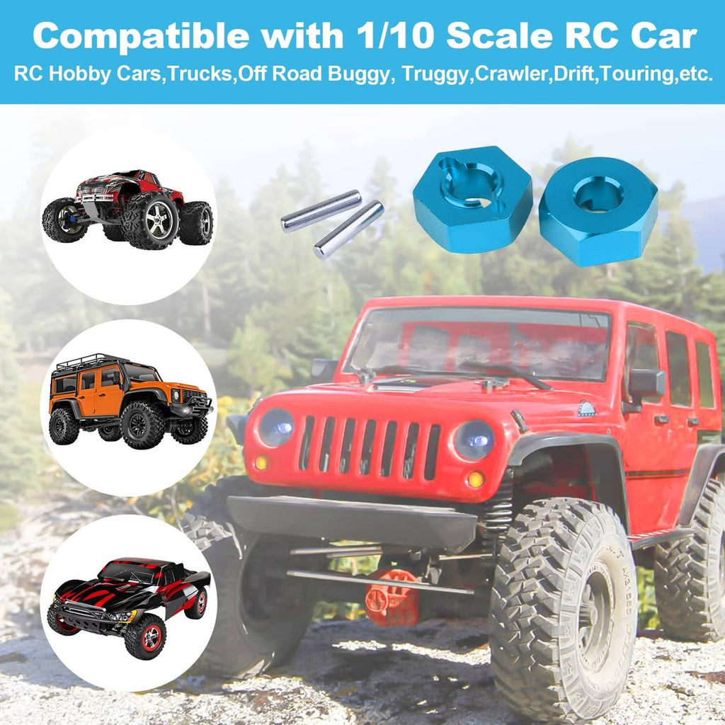 Blue aluminum hex hub adapter with mounting pins for 1/10 RC cars
