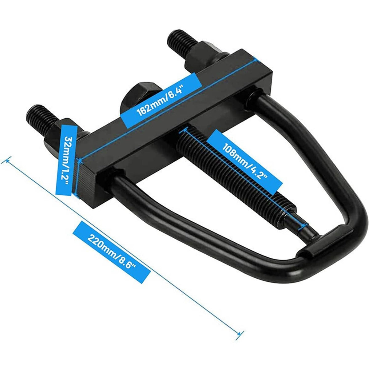 Black torsion key tool with measured frame dimensions and threaded rods