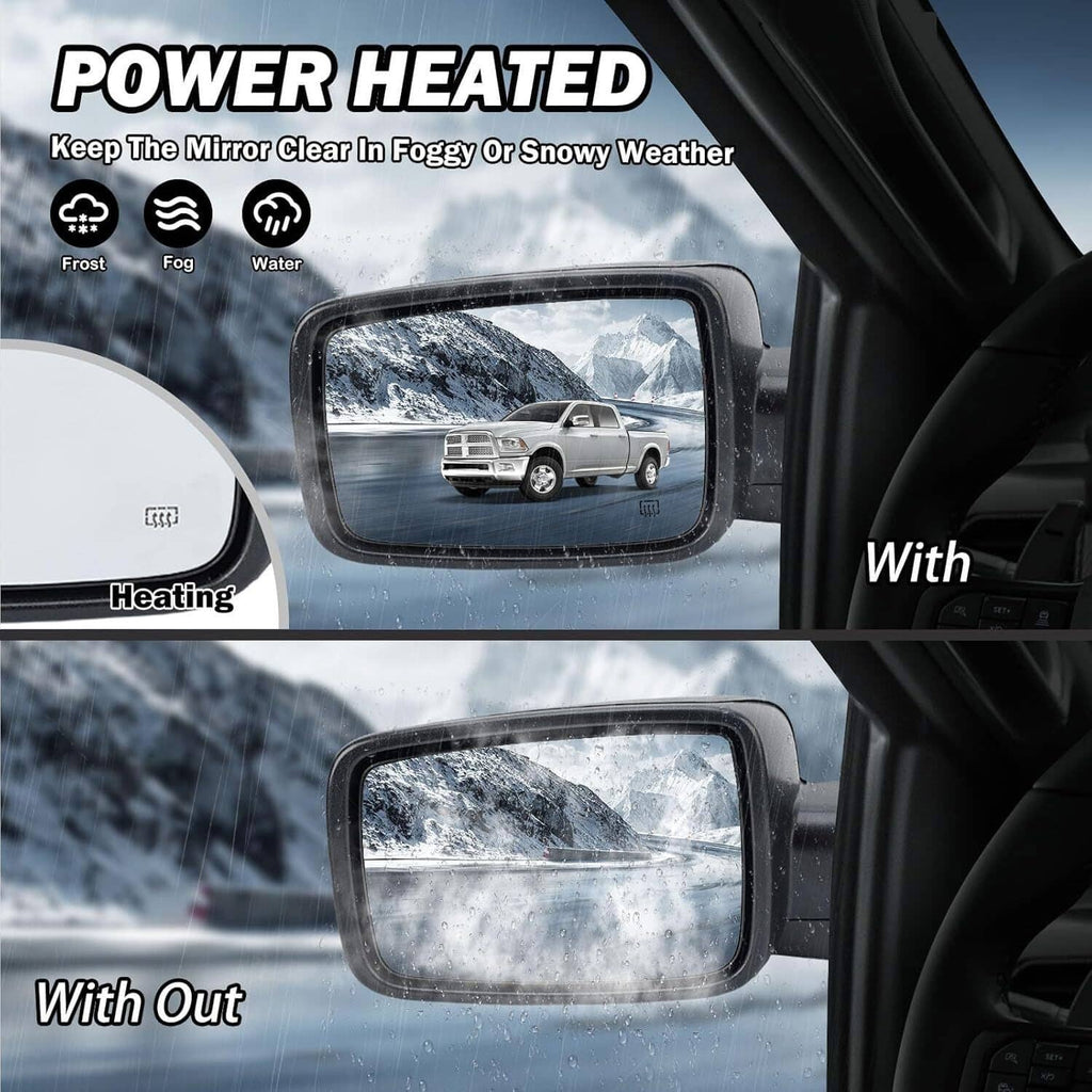 Left side mirror with heated glass view compared in fog and snow conditions