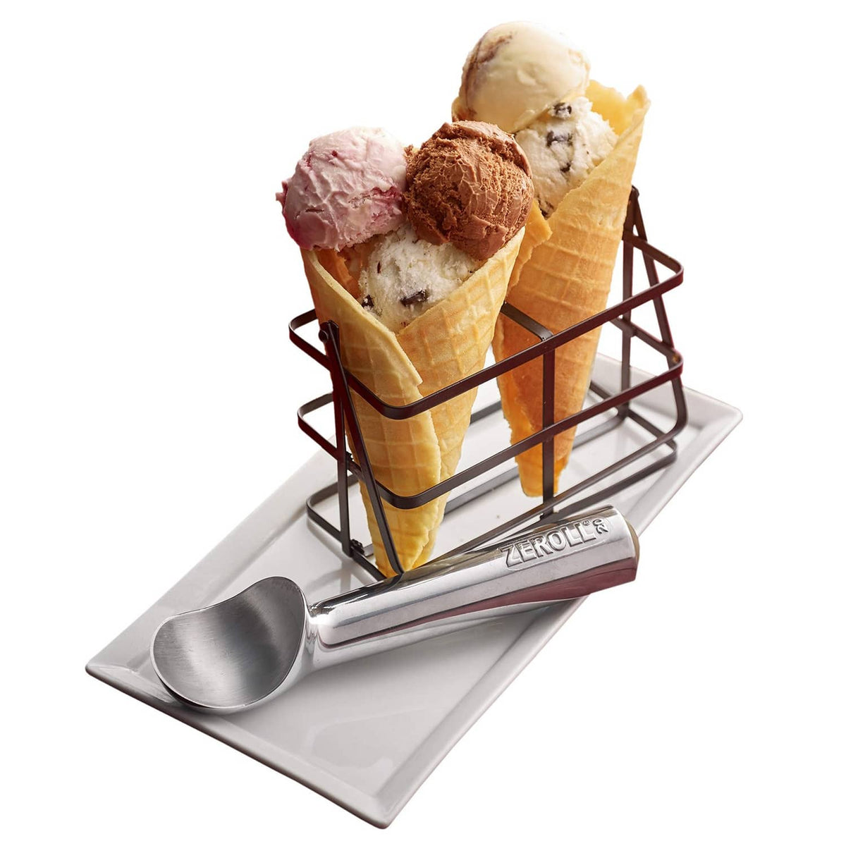 Zeroll scoop on rectangular tray, two scoops in waffle cones and metal handle.