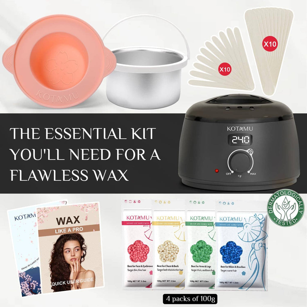 Essential hard wax kit with silicone wax pot, warming base, and wax accessories