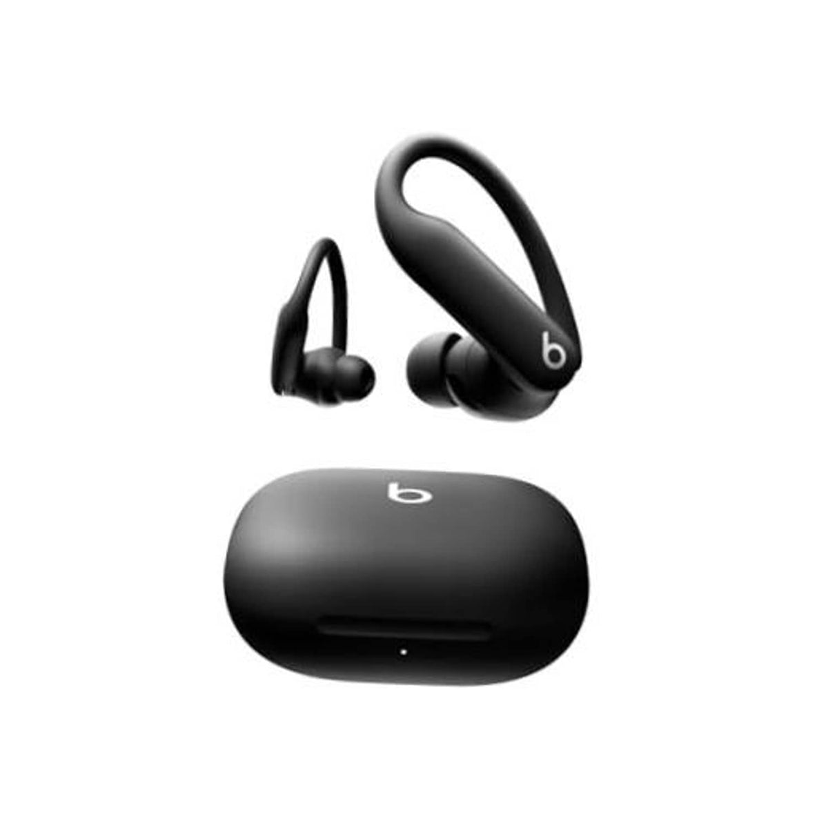 Black wireless noise-cancelling workout earbuds with secure-fit earhooks and charging case