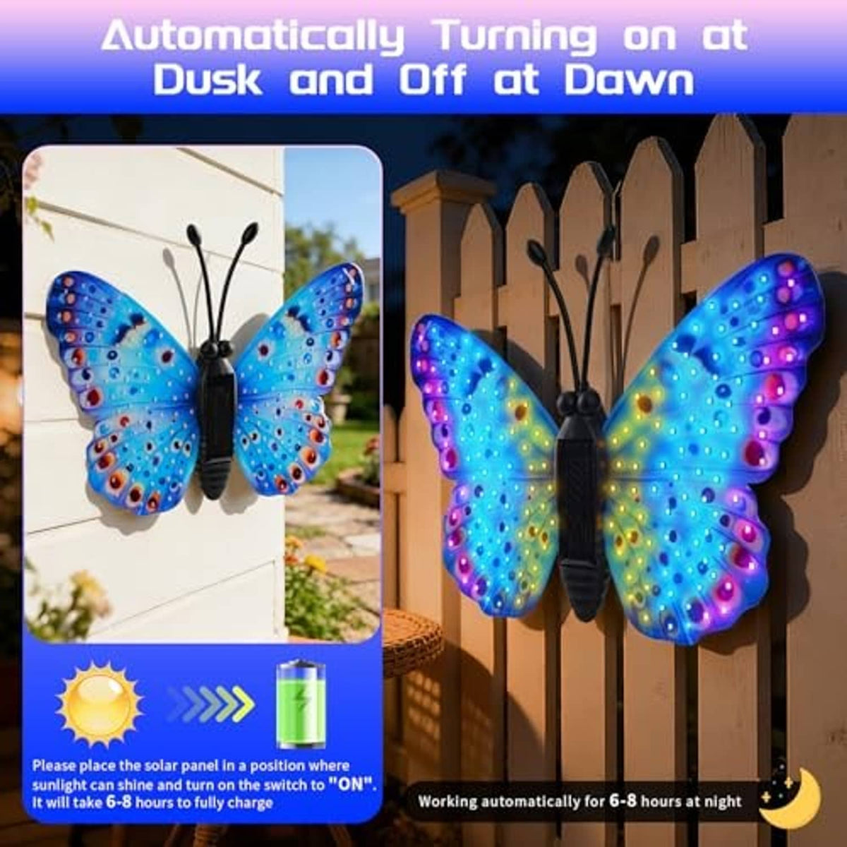 Solar LED butterfly wall decor with multicolor glowing wings, hanging on garden fence